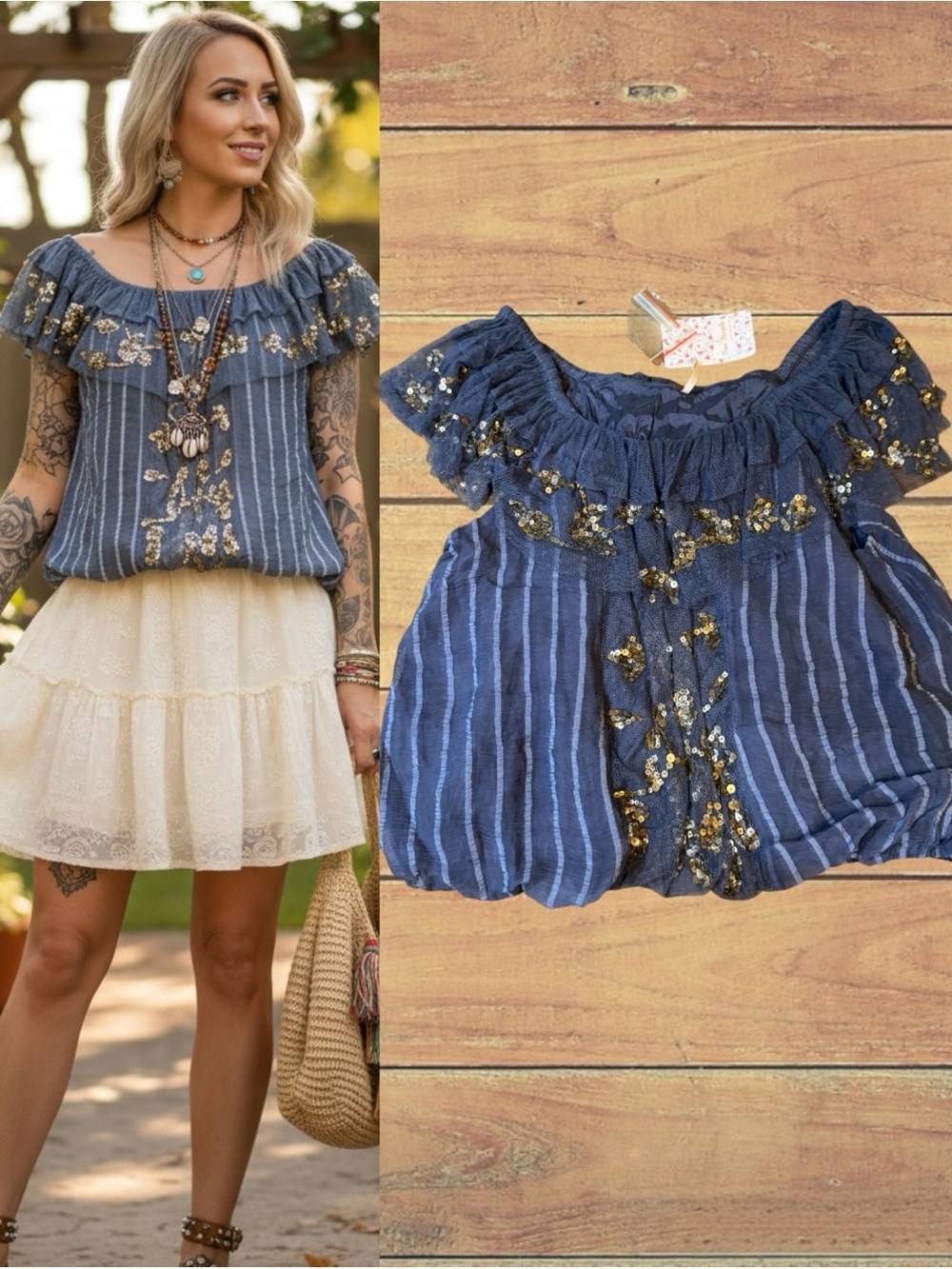 Free People Elisas Sequin Convertible Shoulder Blouse Wild Moon Blue XS NWT